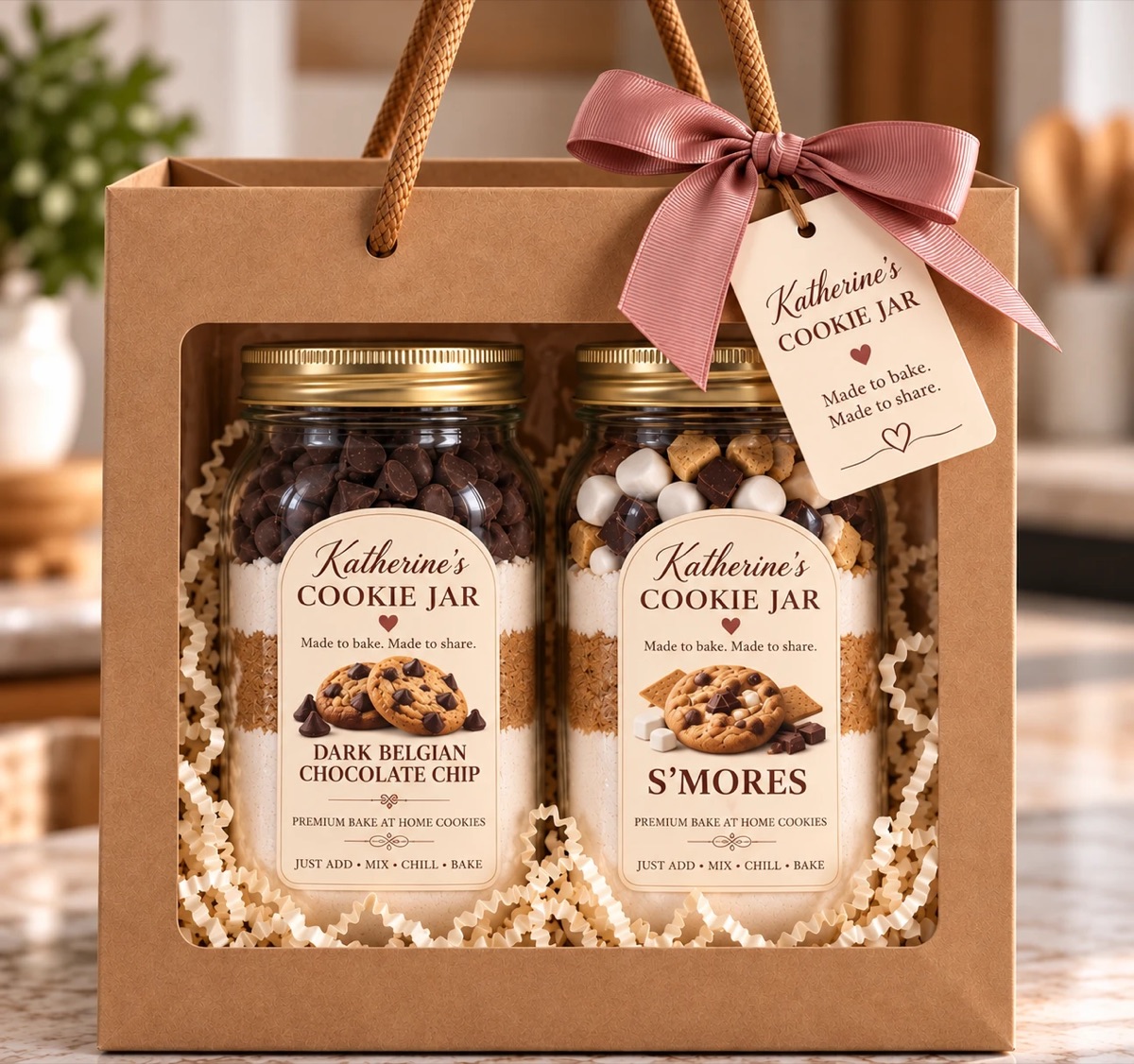 Cookie Jar Duo: a Dark Belgian Chocolate Chip jar and a S'mores jar in a kraft gift bag with a window, cream crinkle paper, a dusty-pink ribbon and a Katherine's Cookie Jar tag