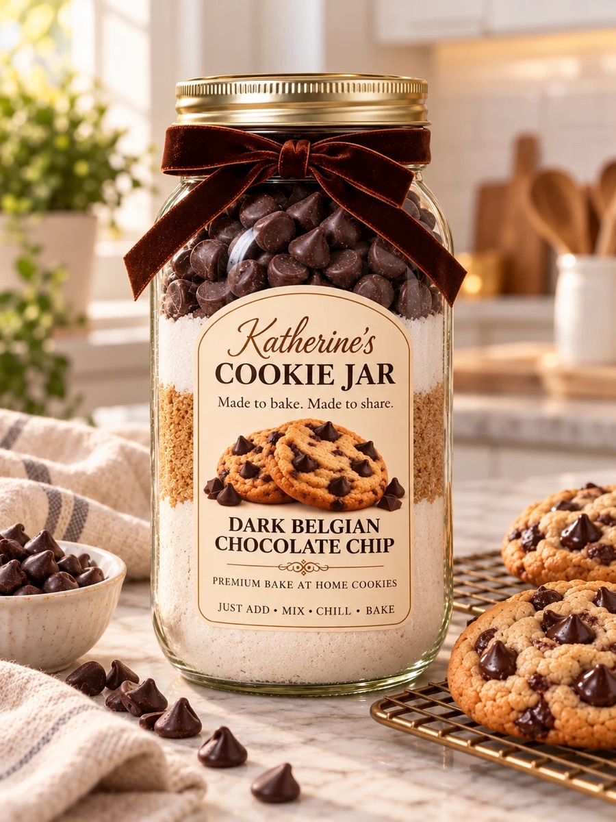 A Dark Belgian Chocolate Chip jar with a brown velvet bow, showing layers of flour, brown sugar, white sugar and dark chocolate chips, next to freshly baked cookies